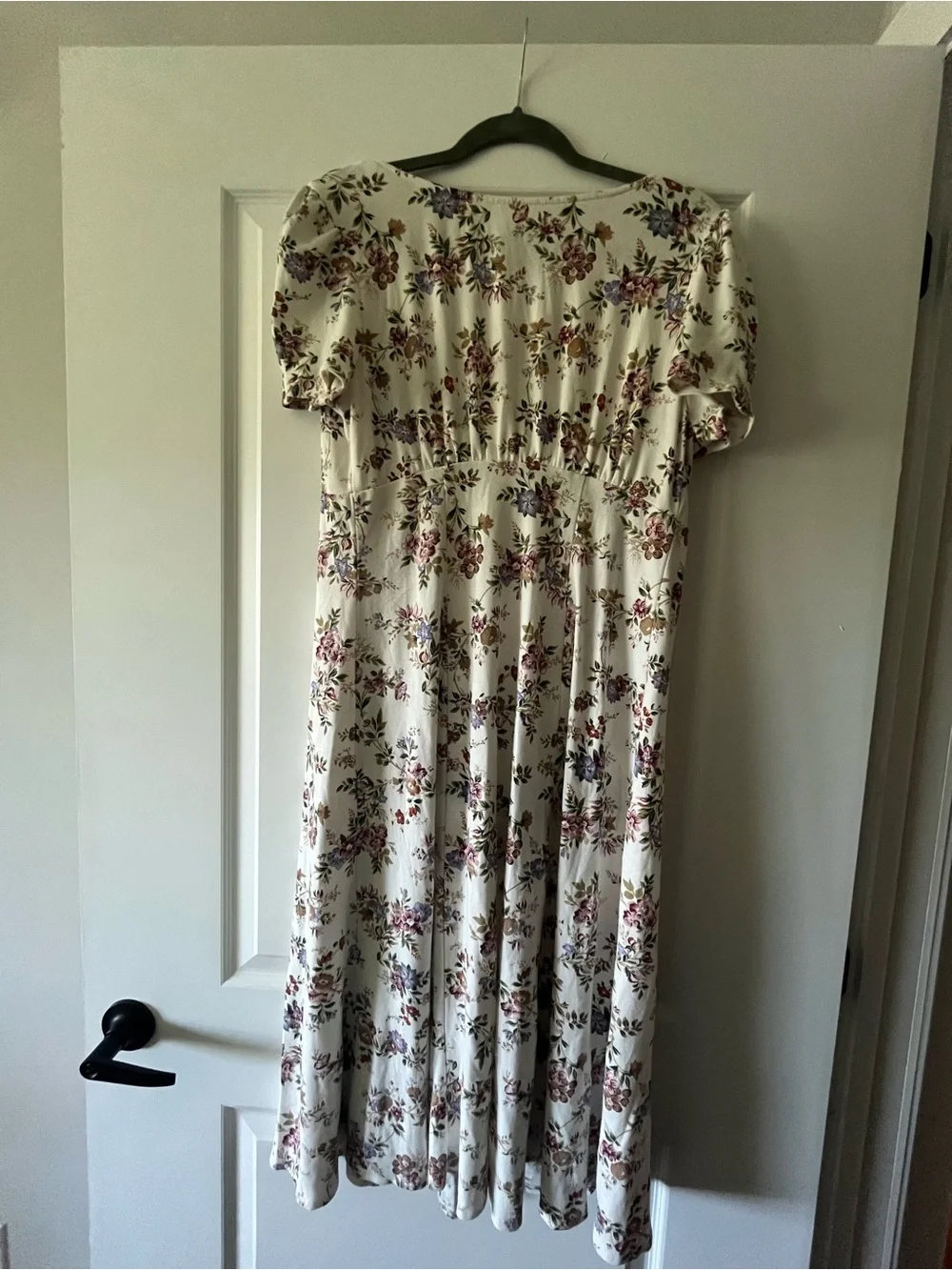Vintage 90s Floral Ivory Midi Dress with Burgundy & Green Print